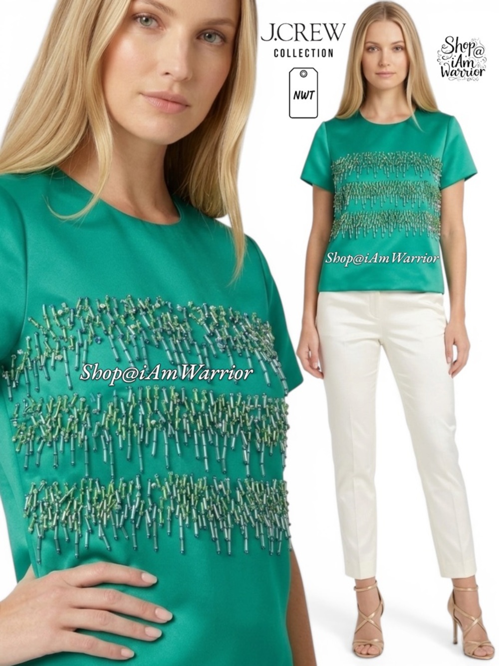 J.Crew Collection NWT Beaded Satin Top Teal Emerald Green Crystal Embellished